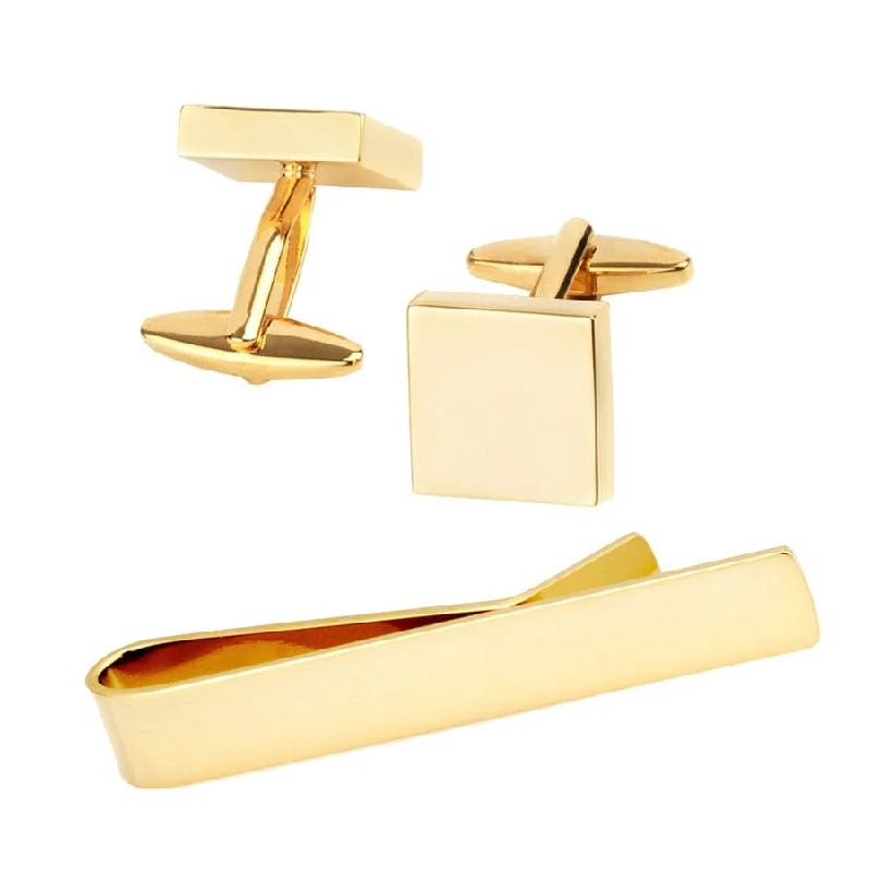 men's tie accessories-Shiny Square Gold Cufflinks & Tie Bar Set