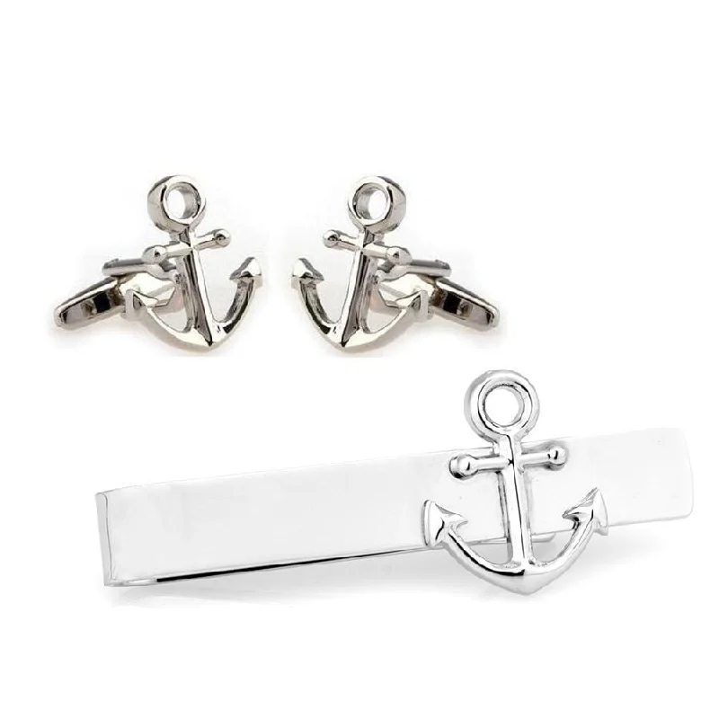 fun color neckties for weddings-Ship Anchor Silver Cufflinks & Tie Bar Set