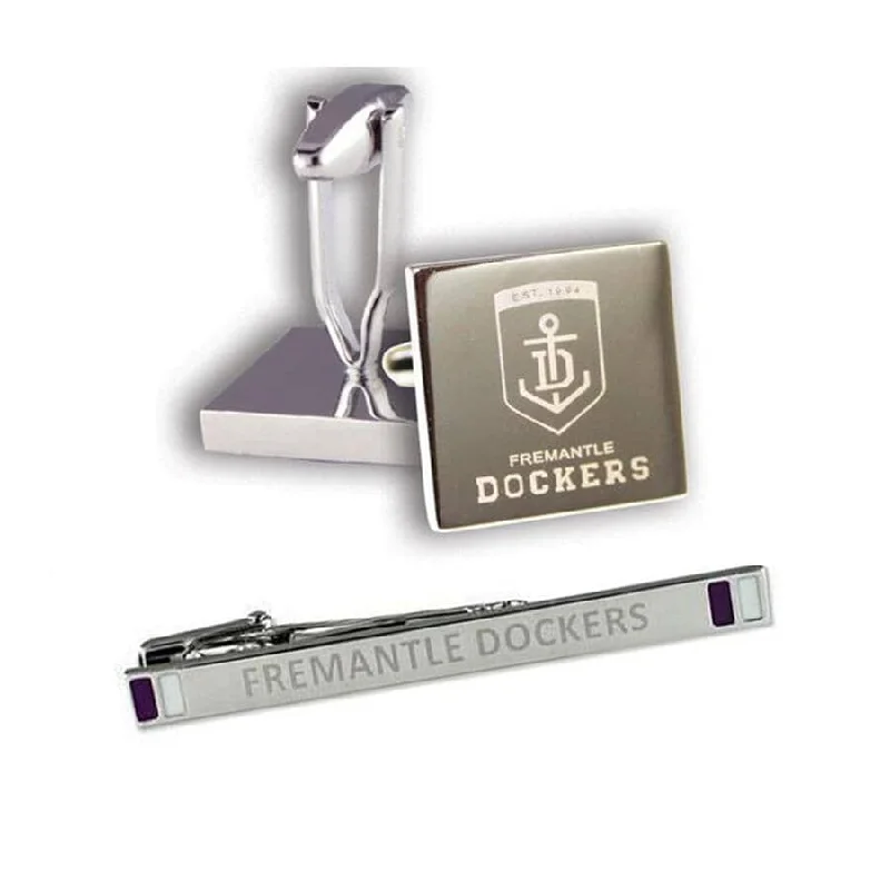 unique silk wedding tie options-Silver AFL Fremantle Dockers Cufflinks & Tie Bar Set