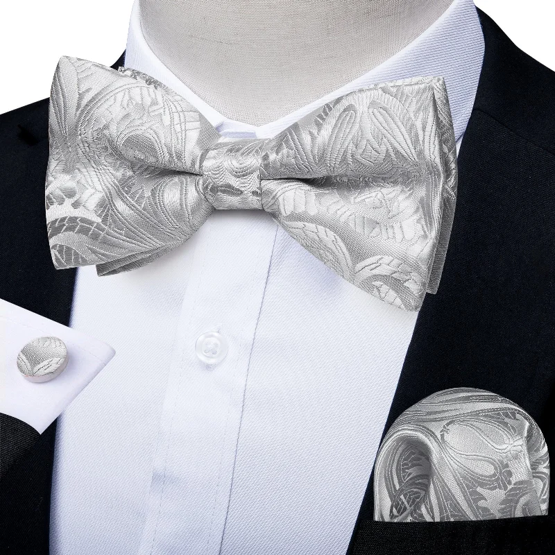 unique wedding necktie combinations-Silver Grey Floral Silk Pre-tied Bow Tie Hanky Cufflinks Set