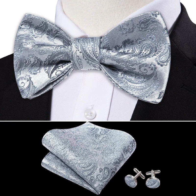 luxury silk necktie styles-Silver Grey Paisley Self-tied Bow Tie Pocket Square Cufflinks Set