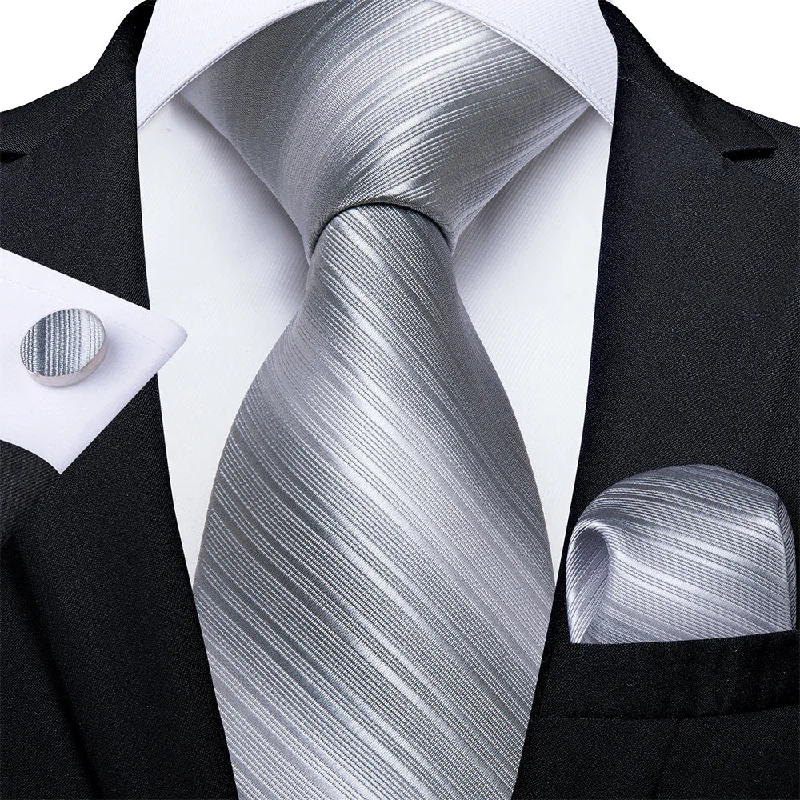 designer silk necktie patterns-Silver Grey Stripe Tie Handkerchief Cufflinks Set