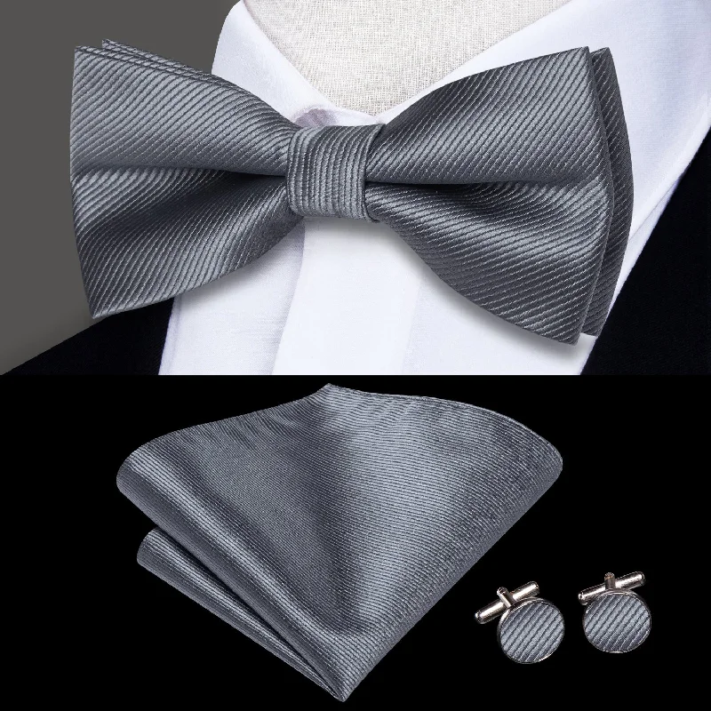 vibrant necktie patterns for office-Silver Grey Striped Men's Pre-tied Bowtie Pocket Square Cufflinks Set