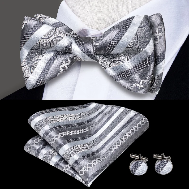 slim-fit silk necktie designs-Silver Grey Striped Novelty Self-tied Bow Tie Pocket Square Cufflinks Set