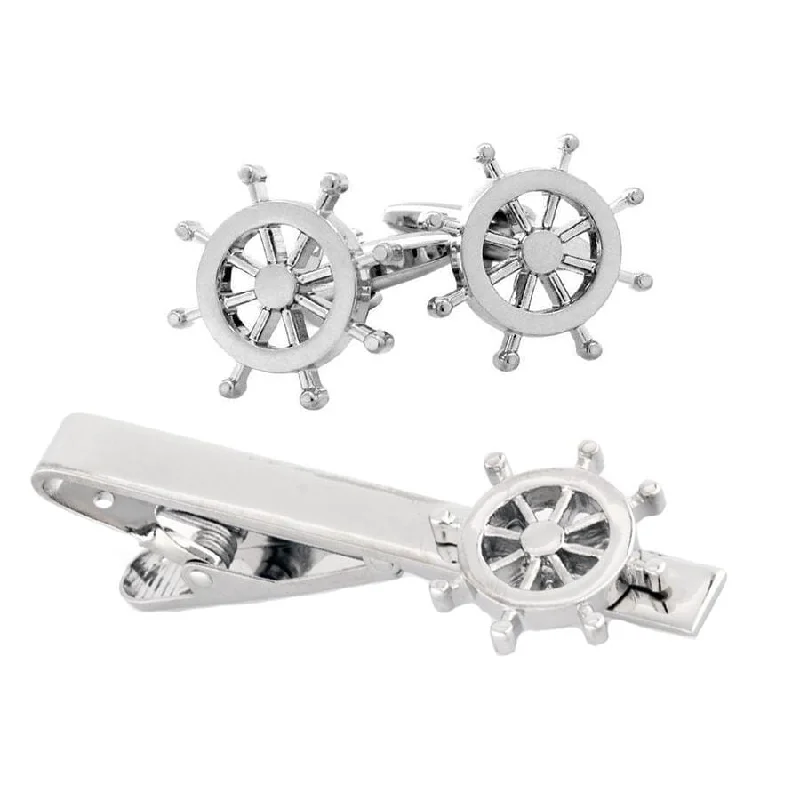 affordable wedding tie sets-Silver Helm Ships Wheel Cufflinks & Tie Clip Set