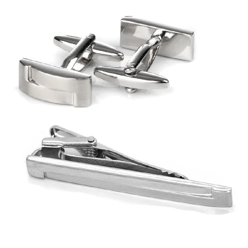 best silk bow ties for men-Silver Interlinked Cufflinks & Tie Clip Set