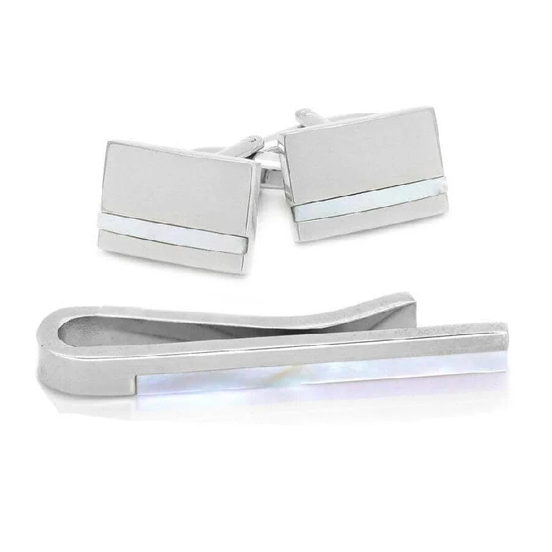 silk necktie colors for business-Silver Mother of Pearl Cufflinks & Tie Bar Set