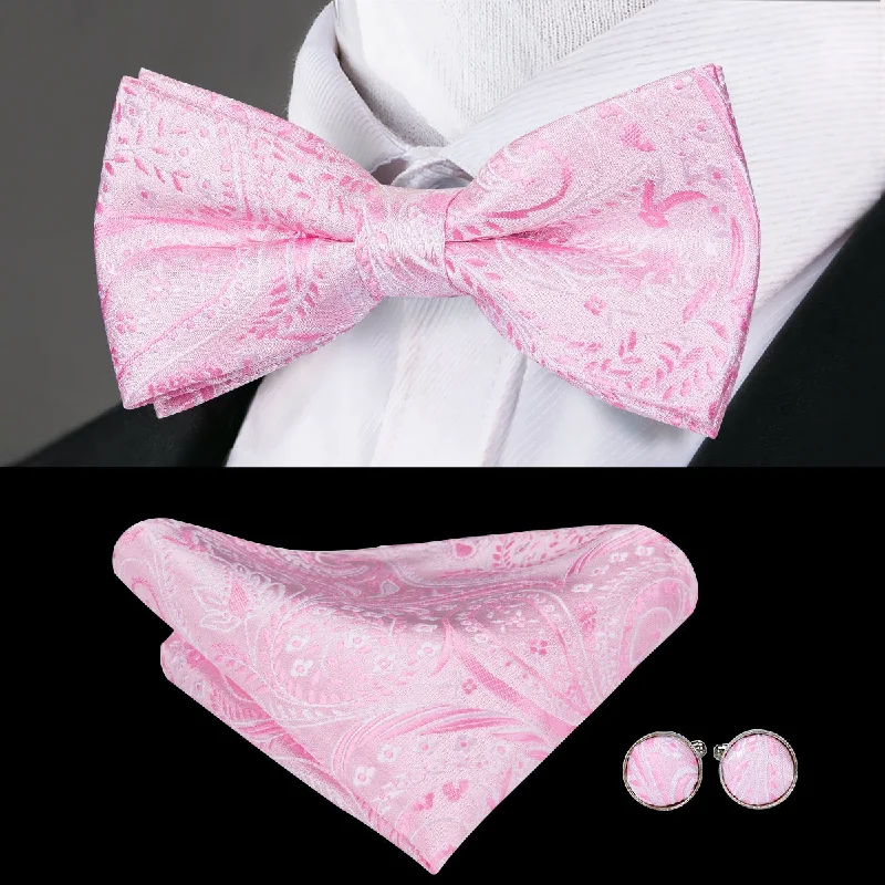 luxury silk wedding necktie sets-Silver Pink Floral Pre-tied Bow Tie Hanky Cufflinks Set