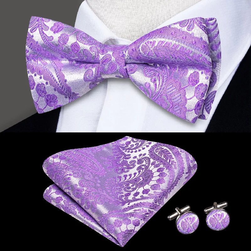 stylish bow ties for formal occasions-Silver Purple Paisley Men's Pre-tied Bowtie Pocket Square Cufflinks Set