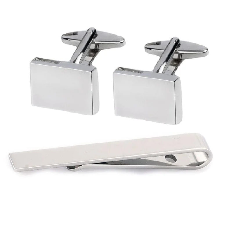 formal event bow ties-Silver Rectangle Cufflinks & Tie Bar Set