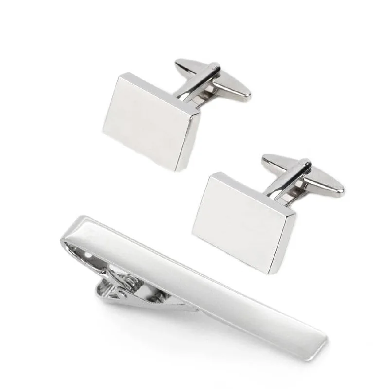 best necktie for weddings-Silver Rectangle Engravable Cufflinks & Tie Clip Set