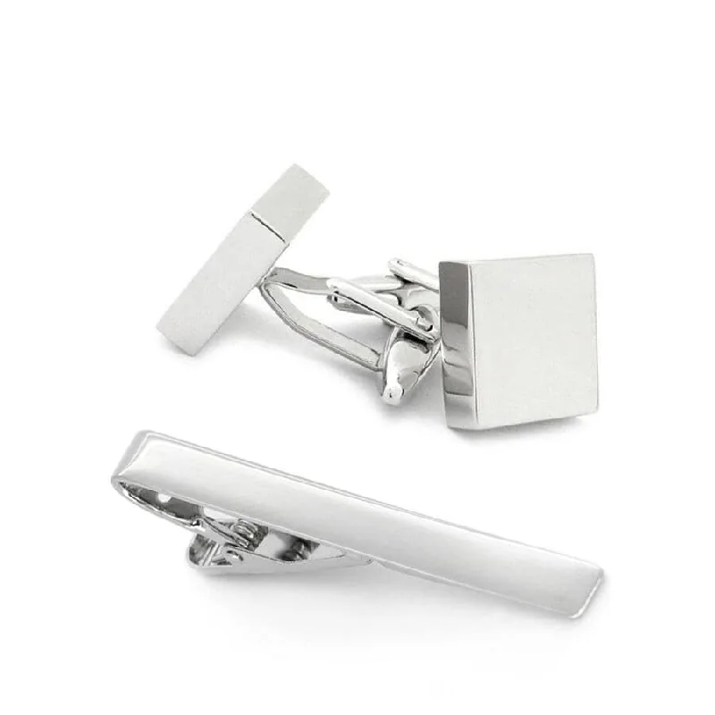 fashion-forward neckties-Silver Square Engravable Cufflinks & Tie Clip Set