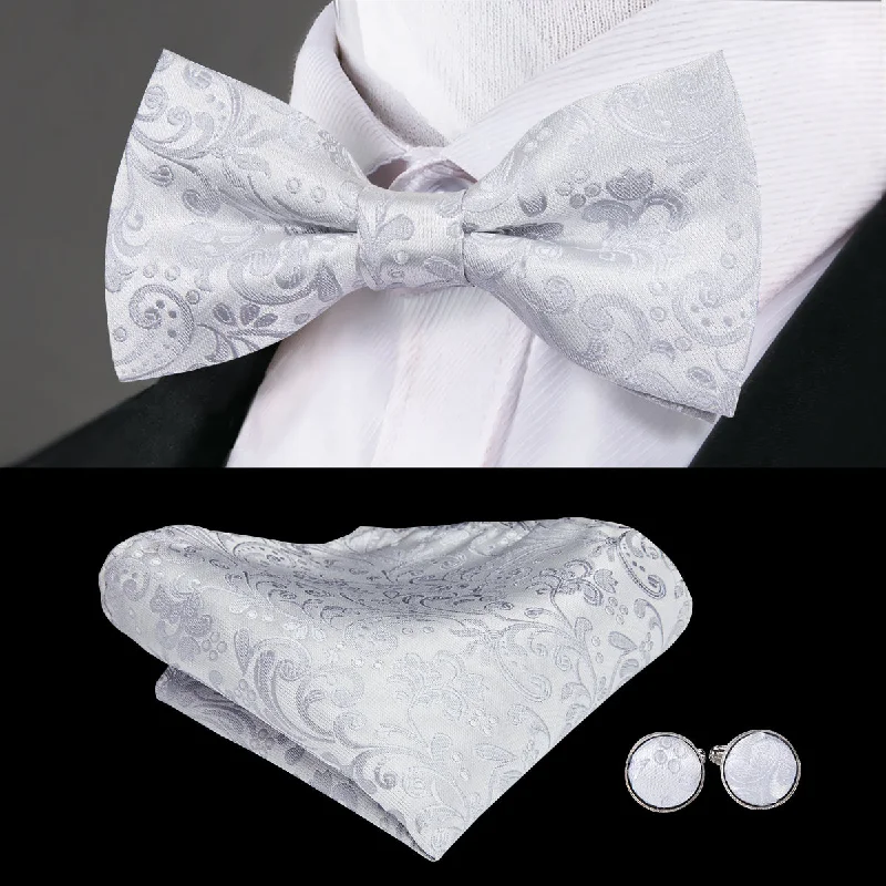 high-quality bow ties for men-Silver White Paisley Pre-tied Bow Tie Hanky Cufflinks Set