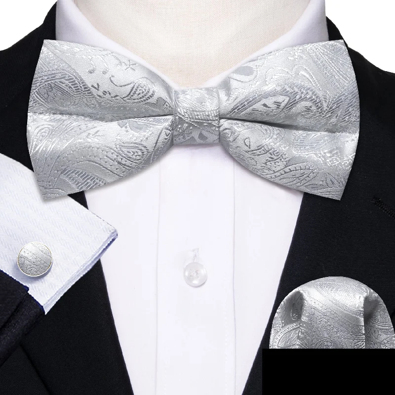 unique men's tie patterns-Silver White Paisley Men's Pre-tied Bowtie Hanky Cufflinks Set