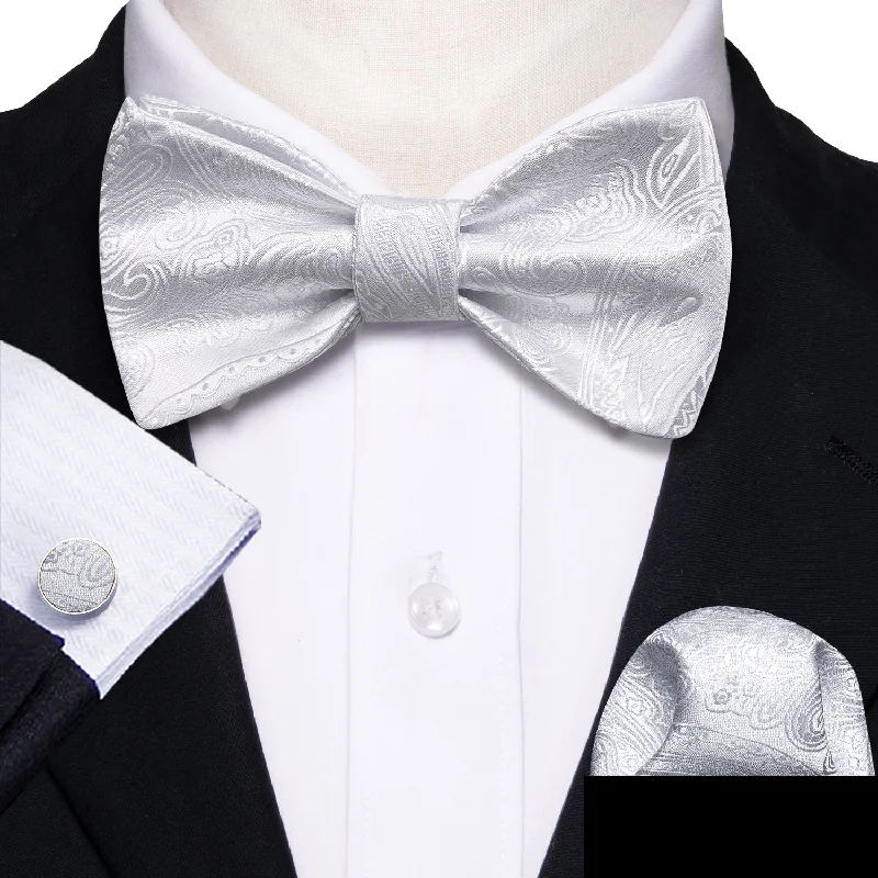 luxury necktie options for men-Silver White Paisley Self-tied Bow Tie Hanky Cufflinks Set