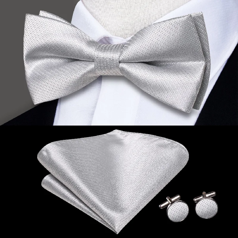 classic necktie collections for men-Silver White Solid Men's Pre-tied Bowtie Pocket Square Cufflinks Set