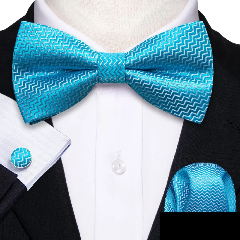 designer silk ties for men-Sky Blue Novelty Men's Pre-tied Bowtie Pocket Square Cufflinks Set