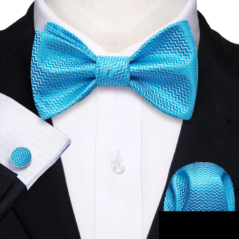 business casual silk ties-Sky Blue Novelty Self-tied Bow Tie Pocket Square Cufflinks Set