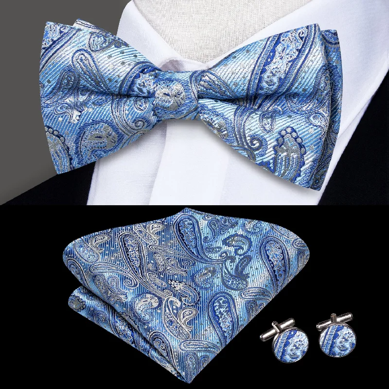 office style neckties-Sky Blue Paisley Men's Pre-tied Bowtie Pocket Square Cufflinks Set