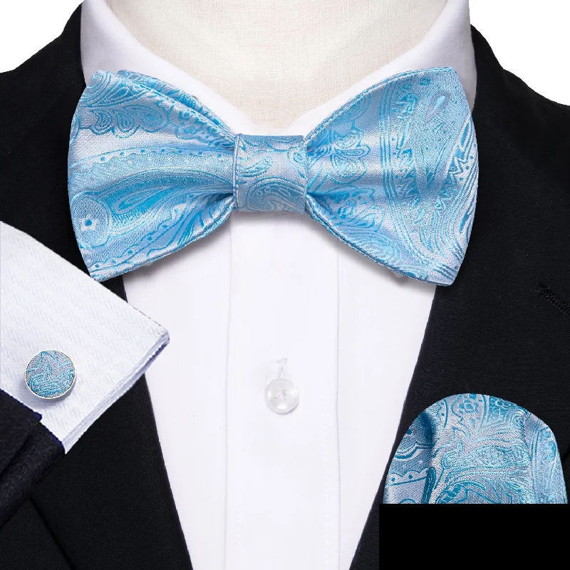 designer silk ties for formal occasions-Sky Blue Paisley Self-tied Bow Tie Hanky Cufflinks Set