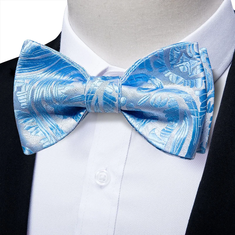 men's necktie trends 2025-Sky Blue Paisley Self-tied Bow Tie Pocket Square Cufflinks Set