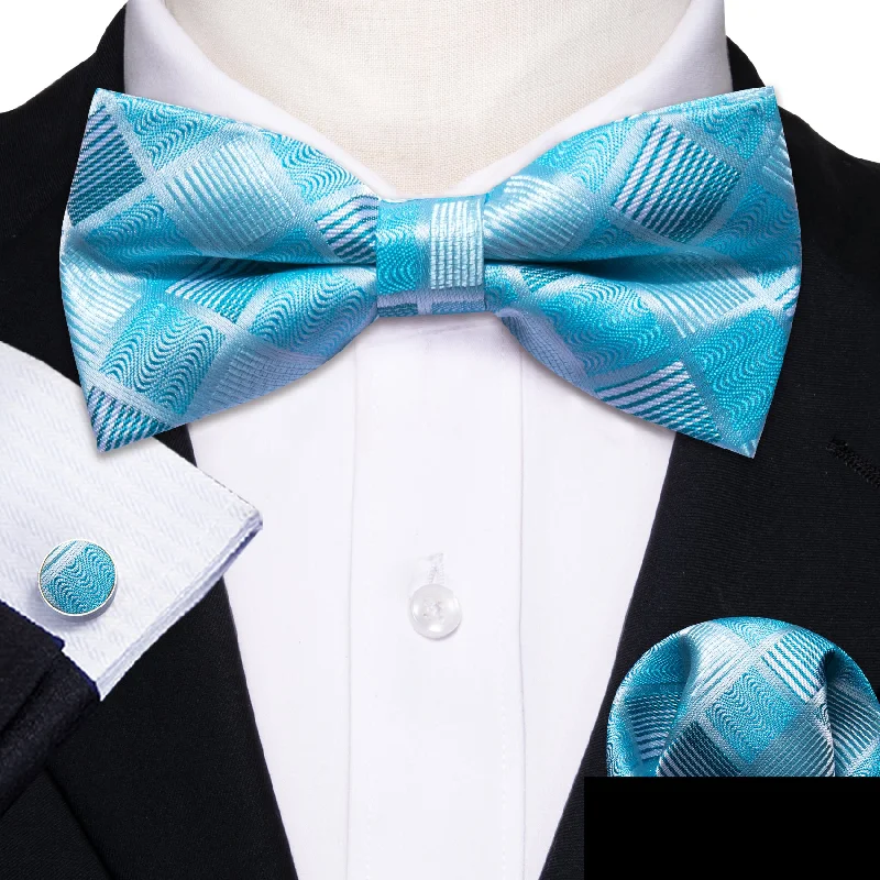 unique ties for formal office wear-Sky Blue Plaid Men's Pre-tied Bowtie Hanky Cufflinks Set