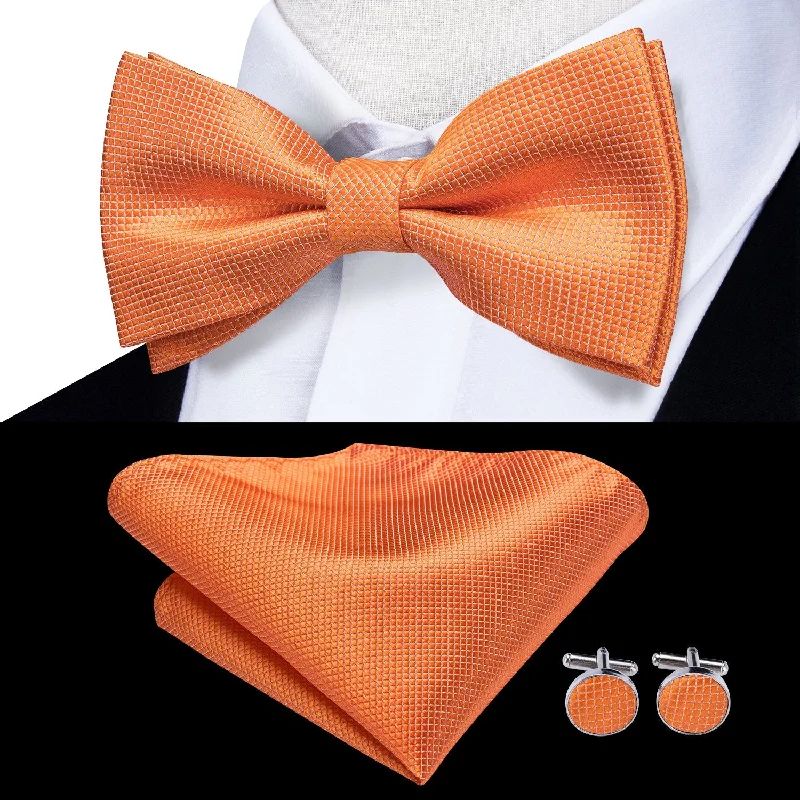 classic silk necktie patterns-Solid Orange Pre-tied Bow Tie Hanky Cufflinks Set