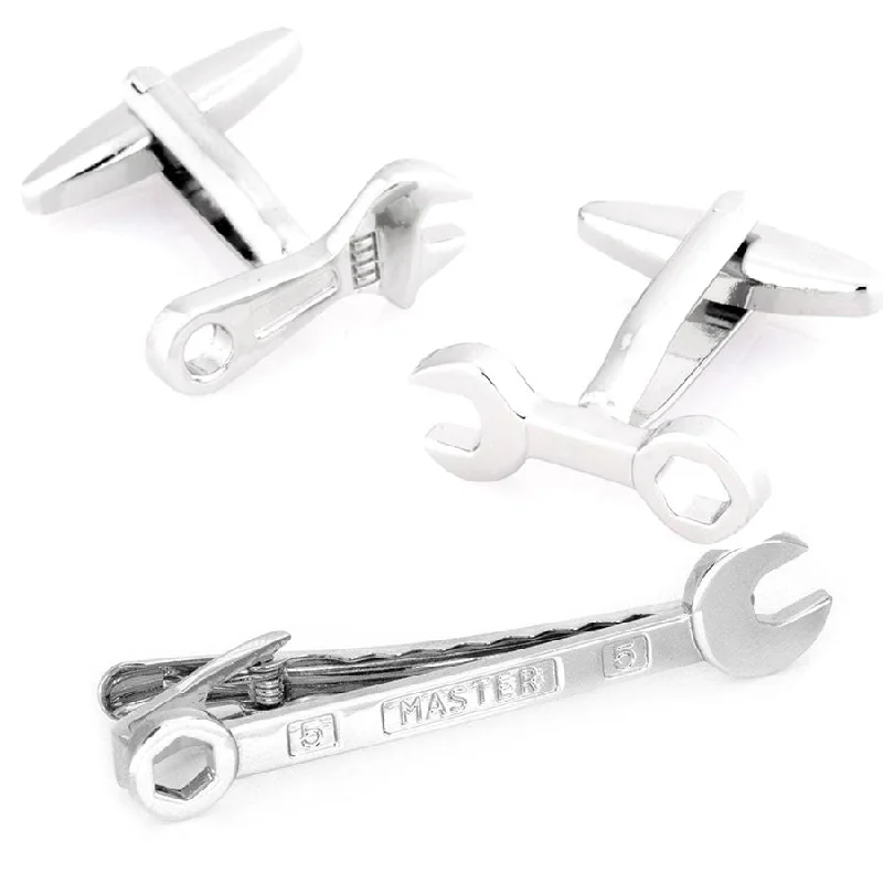 men's casual wedding neckties-Spanner Wrench Cufflinks & Tie Clip Set