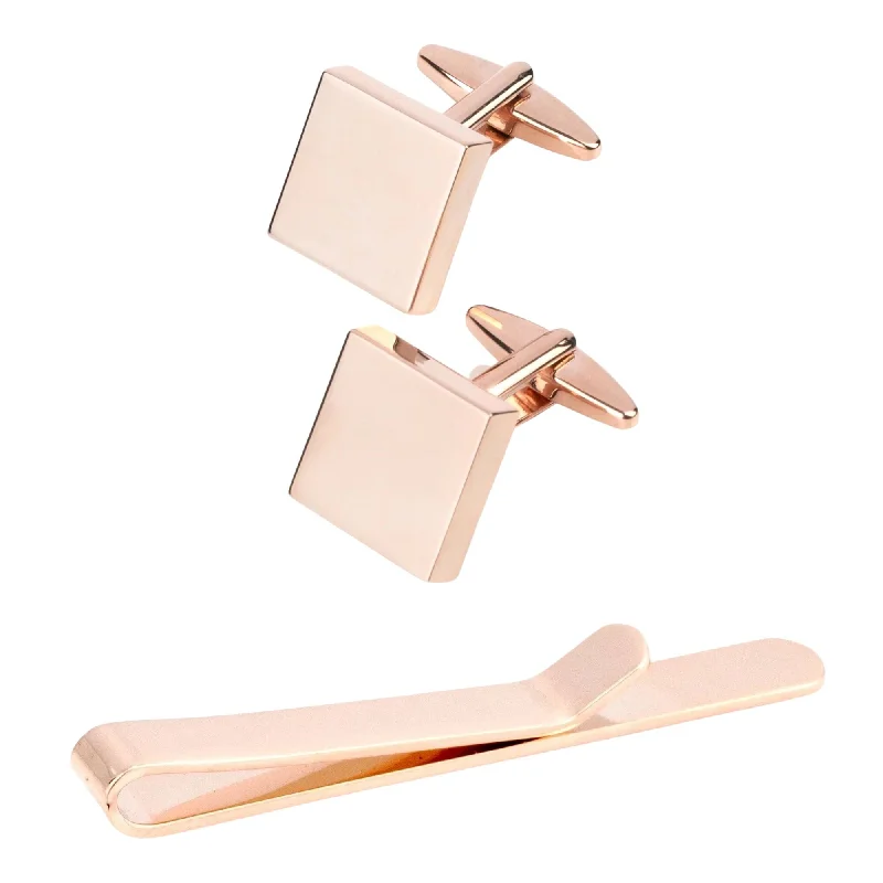 comfortable silk neckties-Square Rose Gold Cufflinks & Tie Bar Set