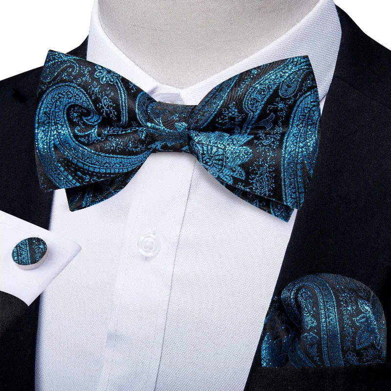 men's tie sets for formal events-Teal Blue Paisley Men Pre-tied Bowtie Pocket Square Cufflinks Set