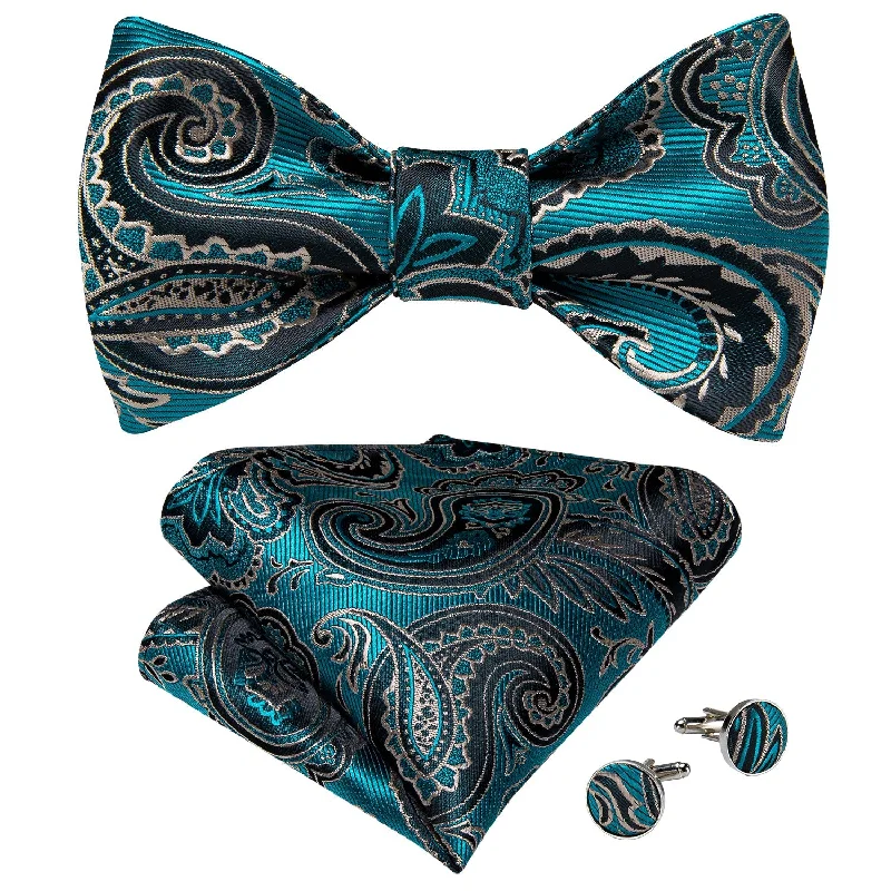 men's business bow ties-Teal Blue Paisley Silk Self-tied Bow Tie Pocket Sqaure Cufflinks Set