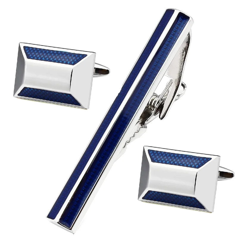 silk tie bundles for men-Textured Blue and Silver Cufflink and Tie Clip Set