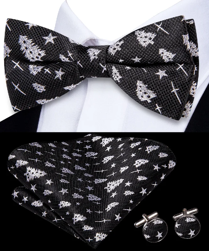 modern necktie colors for men-Ties2you Black Tie Christmas Silver Tree Novelty Pre-Tied Bow Tie Pocket Square Cufflinks Set