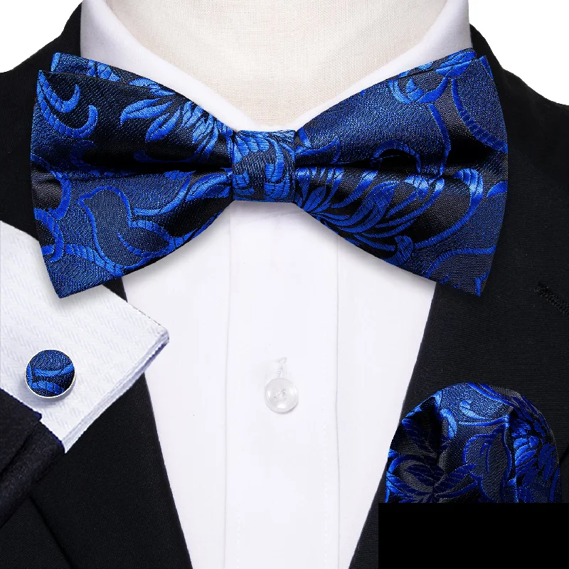 business casual necktie ideas-Ties2you Blue Tie Sapphirine Black Floral Men's Pre-Tied Bowtie Pocket Square Cufflinks Set Fashion