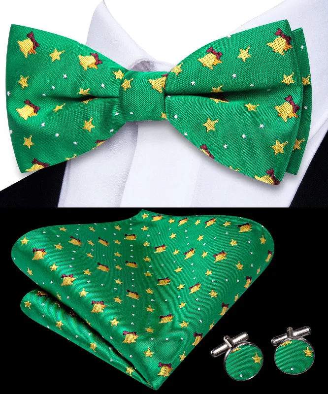 simple silk ties for men-Ties2you Bow Tie For Men Green Golden Bell Pre-Tied Bowtie Pocket Square Cufflinks Set Casual Tie