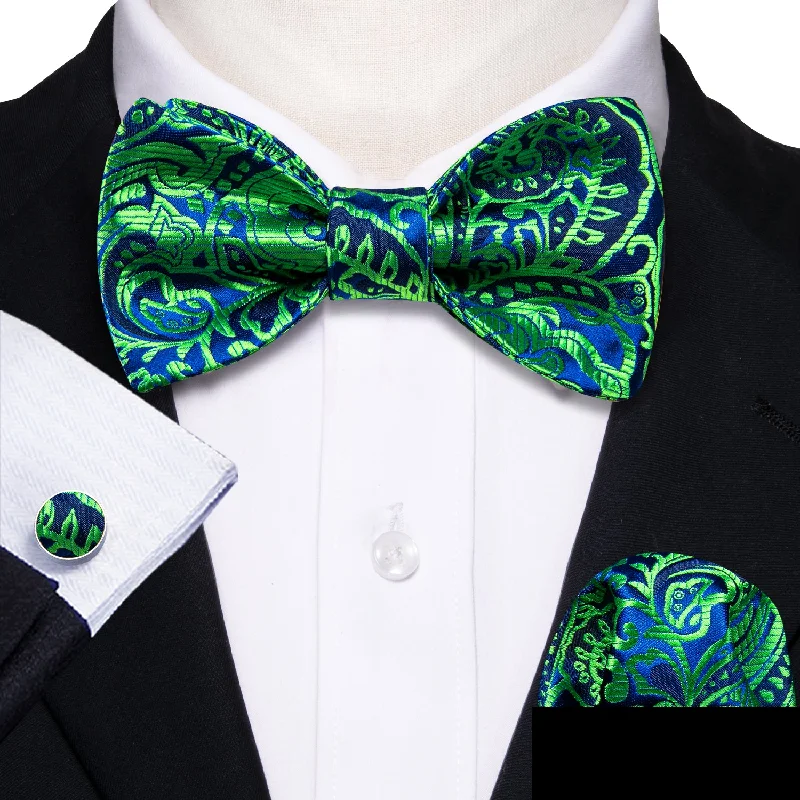 affordable designer neckties for men-Ties2you Green Tie Paisley Self-Bow Tie Hanky Cufflinks Set for Men