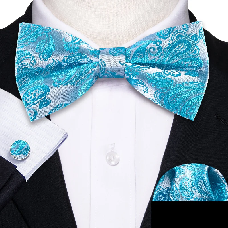 designer silk ties for formal occasions-Ties2you Paisley  Tie Sky Blue Men Pre-Tied Bowtie Hanky Cufflinks Set