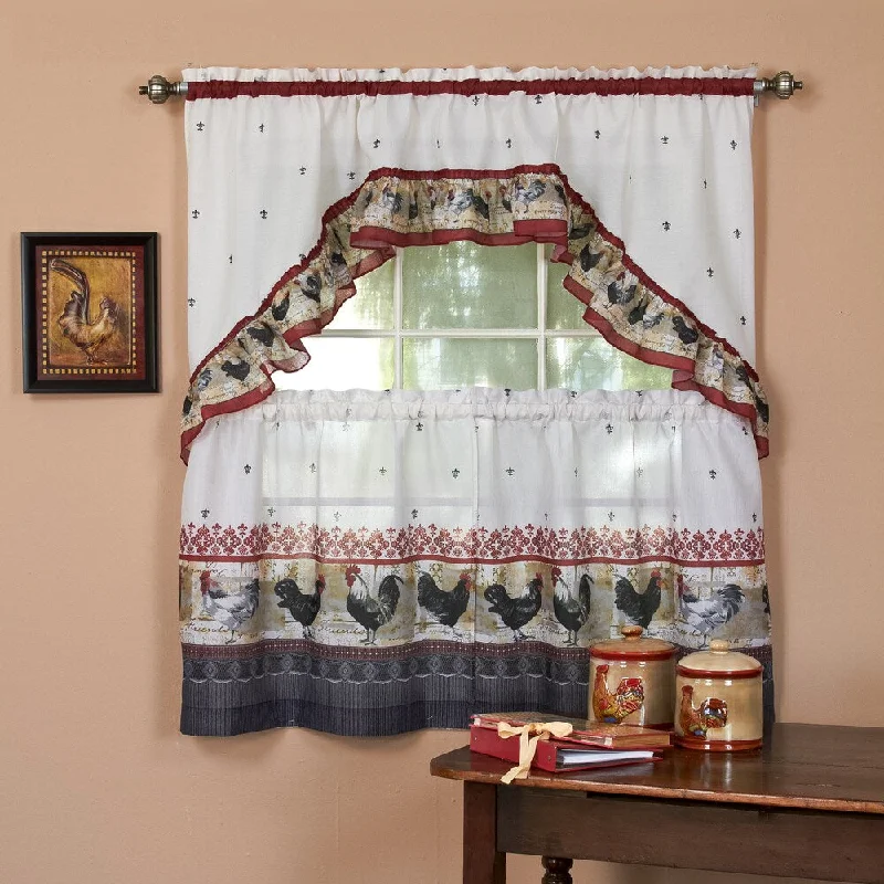 patterned necktie sets-Traditional Two-piece Tailored Tier and Swag Window Curtains Set with Ornate Rooster Print - 36 inch