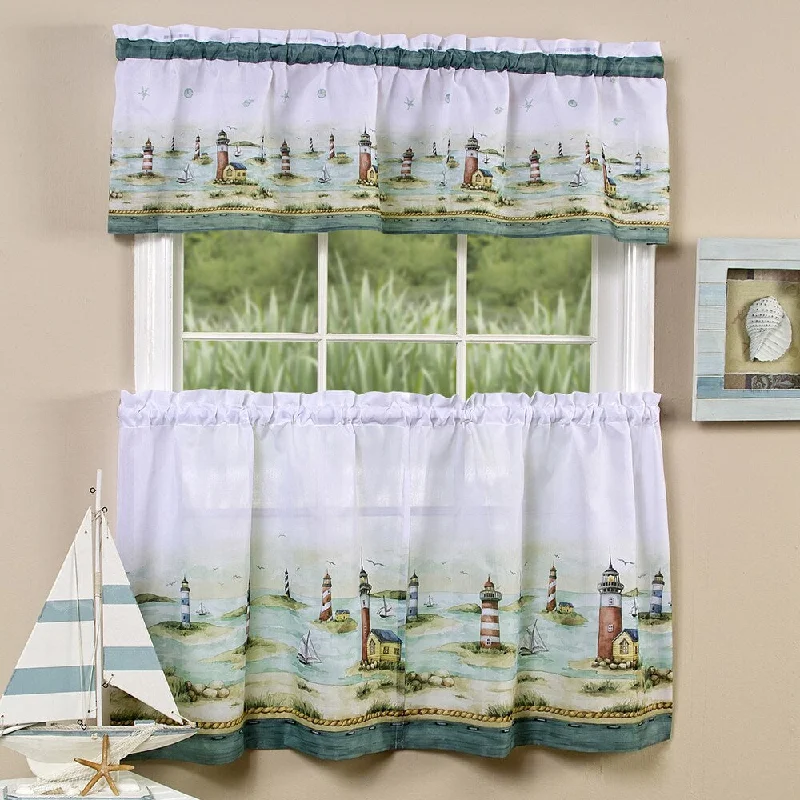 office style neckties-Traditional Two-piece Tailored Tier and Valance Window Curtains Set with Detailed Lighthouse Print - 36 inch - 36 inch