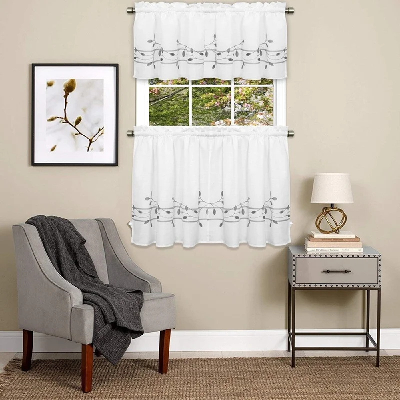 men's wedding tie designs-Trellis Embroidered Leaf Pattern Curtain Parts- Tier and Valance Options (Gray)