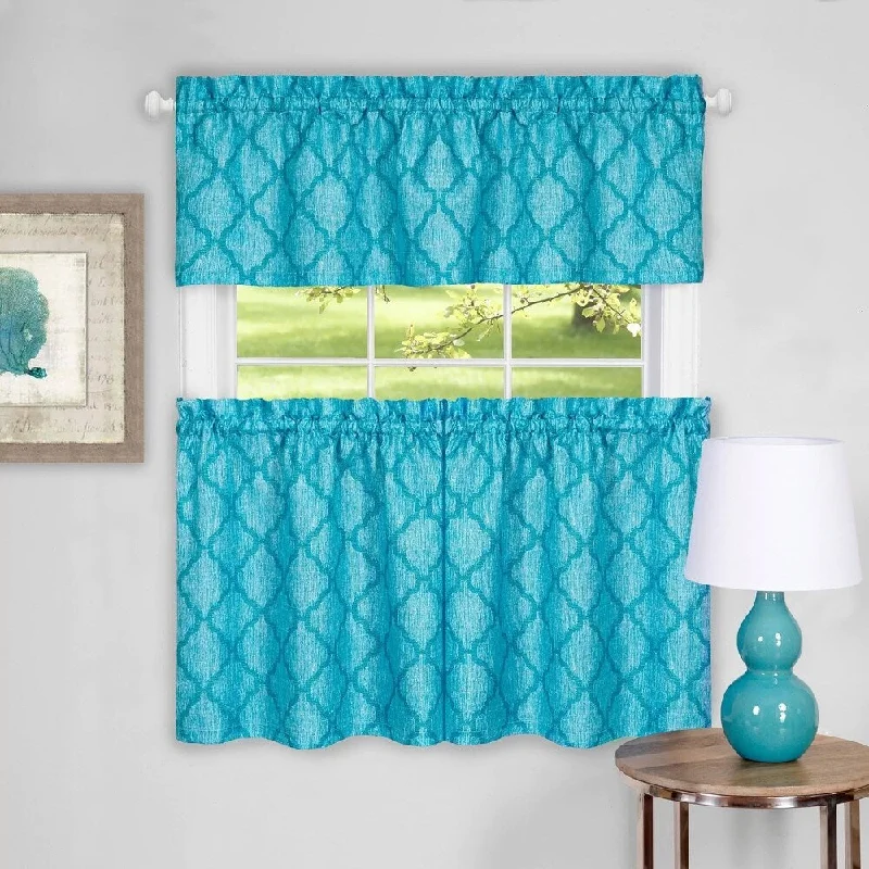 classic office necktie styles-Trellis Pattern Tier and Valance Curtain Set- 24" Turquoise