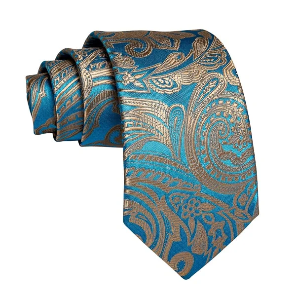 unique necktie combinations for men-Classy Men Turquoise Gold Paisley Silk Tie