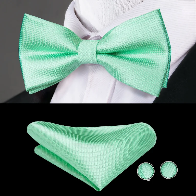 men's necktie collections-Turquoise Green Solid Pre-tied Bow Tie Hanky Cufflinks Set