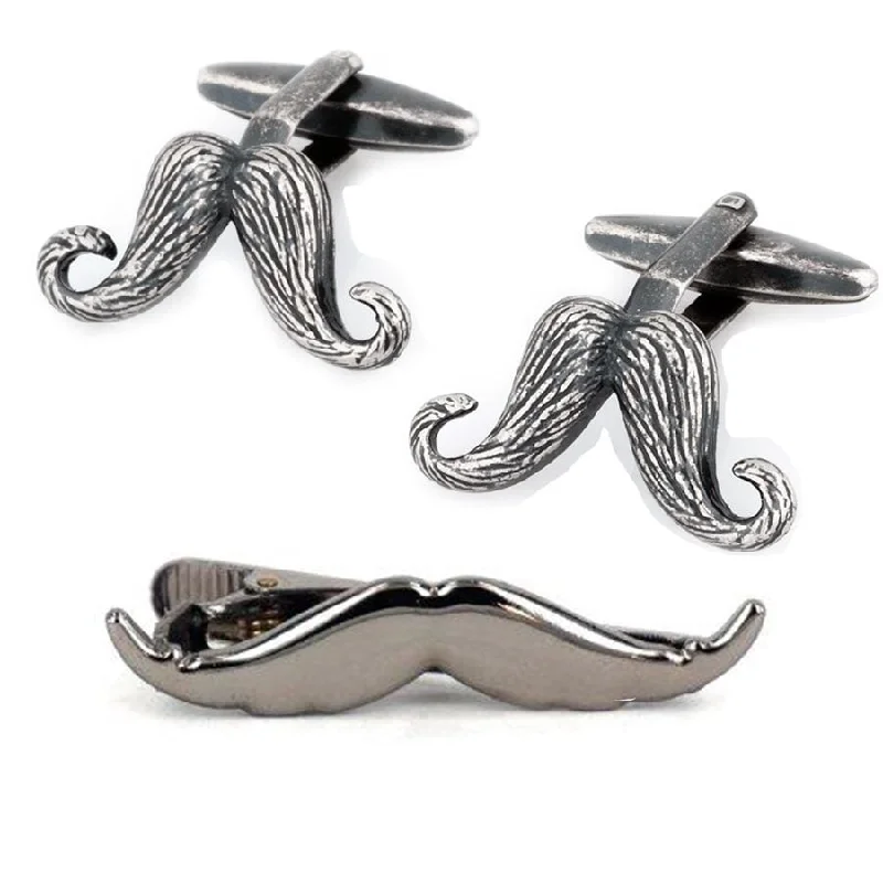 trendy wedding necktie ideas-Vintage Moustache Cufflinks & Gunmetal Tie Clip Set