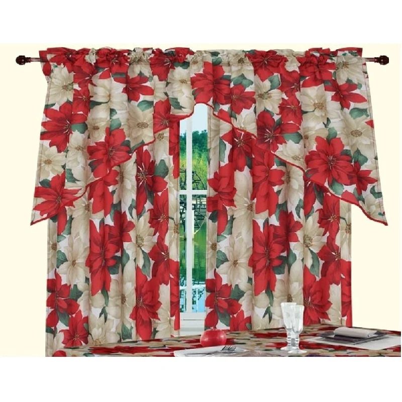 unique ties for formal office wear-Violet Linen Decorative Christmas Poinsettia Floral 3pc Set 60" x 18" Valance, 30"x 36" Tiers, Decorative Window Kitchen Curtain