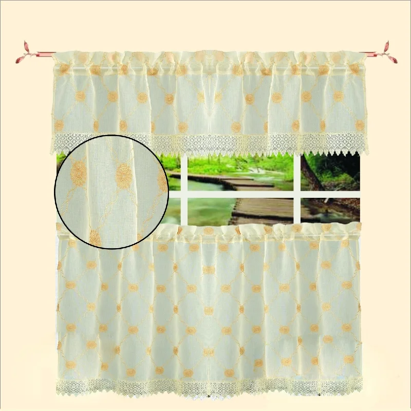 fun color neckties for weddings-Violet Linen Ornate Sheer Flowers Gold - 3pc Set 60" x 18" Valance, 30" x 36" Tiers, Decorative Window Kitchen Curtain Set