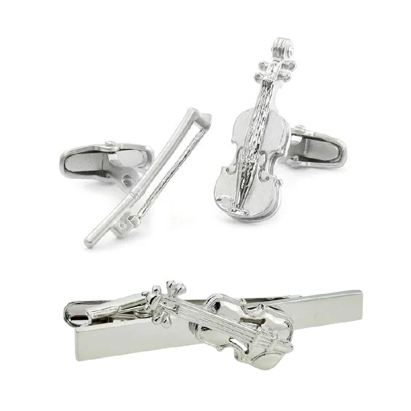 best silk ties for summer-Violin Silver Cufflinks & Tie Clip Set