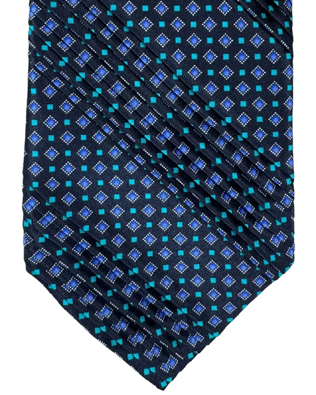 modern silk necktie designs-Vitaliano Pancaldi Pleated Silk Tie Black Aqua Mini Squares