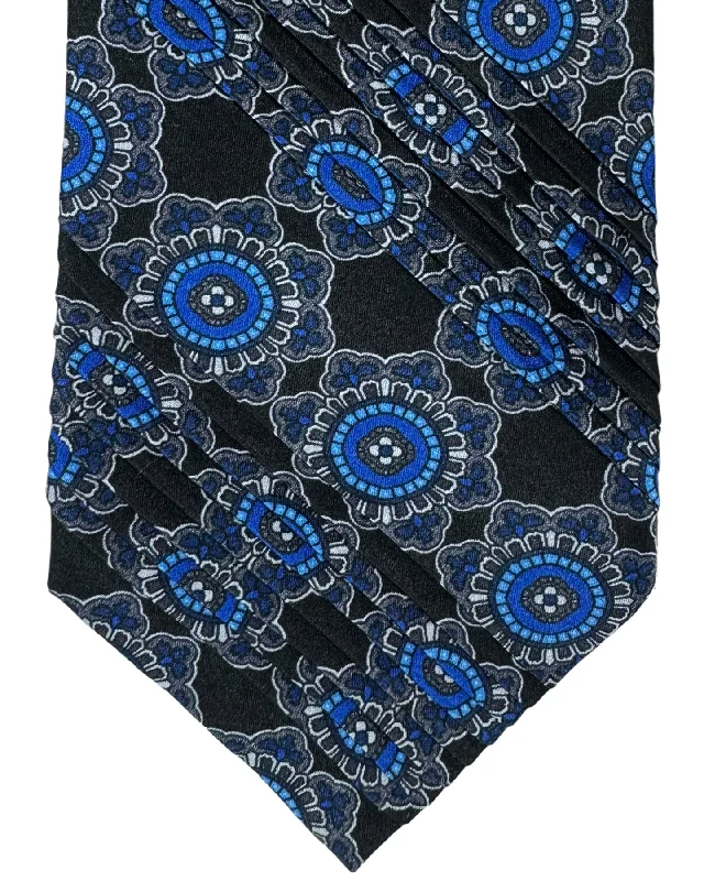 men's wedding tie designs-Vitaliano Pancaldi Pleated Silk Tie Black Royal Blue Medallions