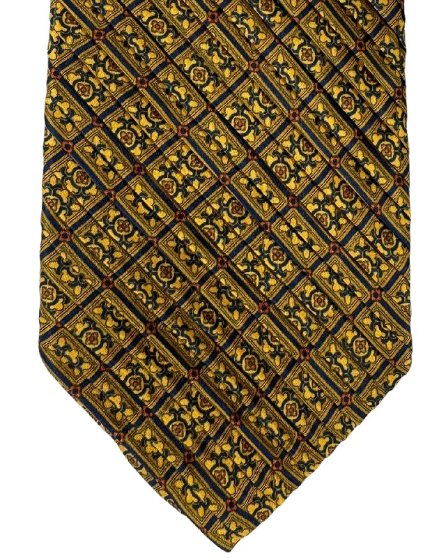 summer necktie styles for men-Vitaliano Pancaldi Pleated Silk Tie Brown Black Orange Medallions